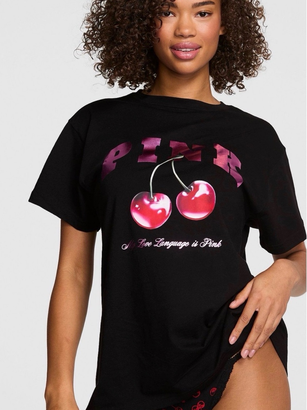 PINK Victoria's Secret Black Tee with Shiny Pink and Red Cherry 🍒 Graphic